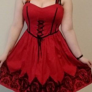 RED & BLACK VELVET BORDER PRINT BALL GOWN